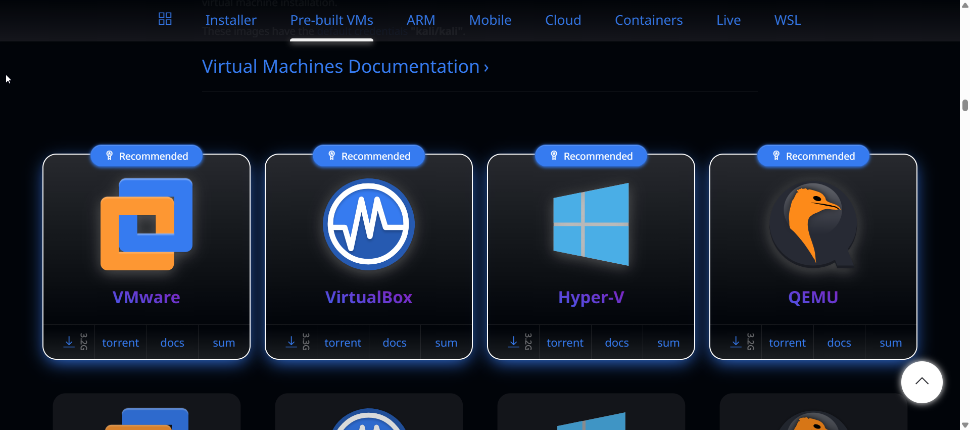 Kali home screen