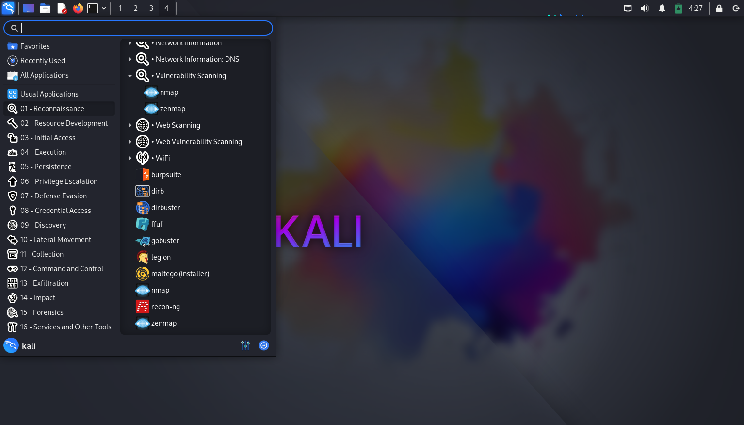 Applications menu showing Kali tools